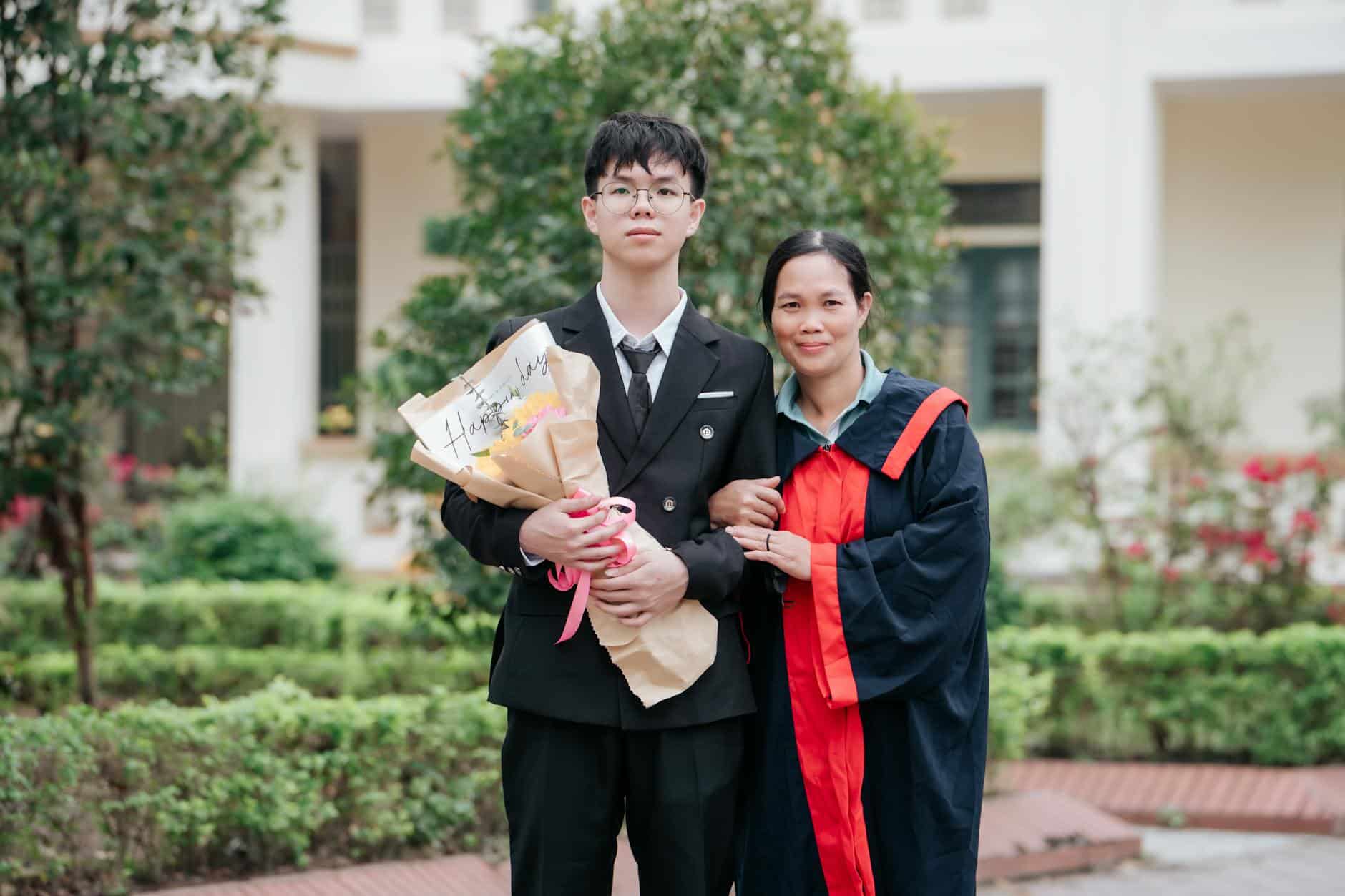 graduation celebration mother and son outdoors
